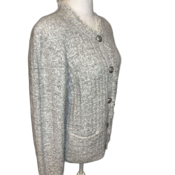 Express Gray Bouclé Knit Button-Down Cardigan Blazer Fringe Trim Womens - Picture 3 of 8